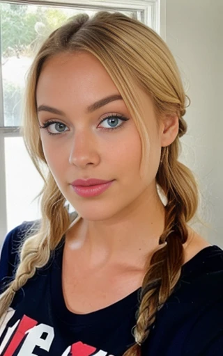 beautiful blonde dressed in pajamas in evening red and black blue eyes woman gorgeous braided hair
