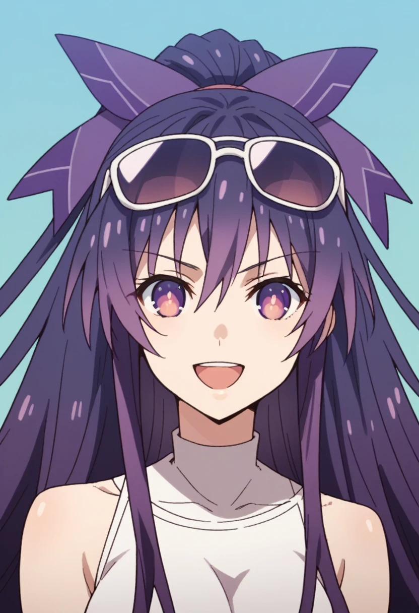 Score_9, Score_8_up, Score_7_up, anime_font, Tohka Yatogami, 1 girl, alone, long hair, purple hair, purple eyes, very long hair, ponytail, headband, perfect body, alone, big breast, looking at viewer, smile, mouth open, shirt, hat, clavicle, upper body, bare shoulders, sunglasses, purple hats, glasses on head, glasses on head