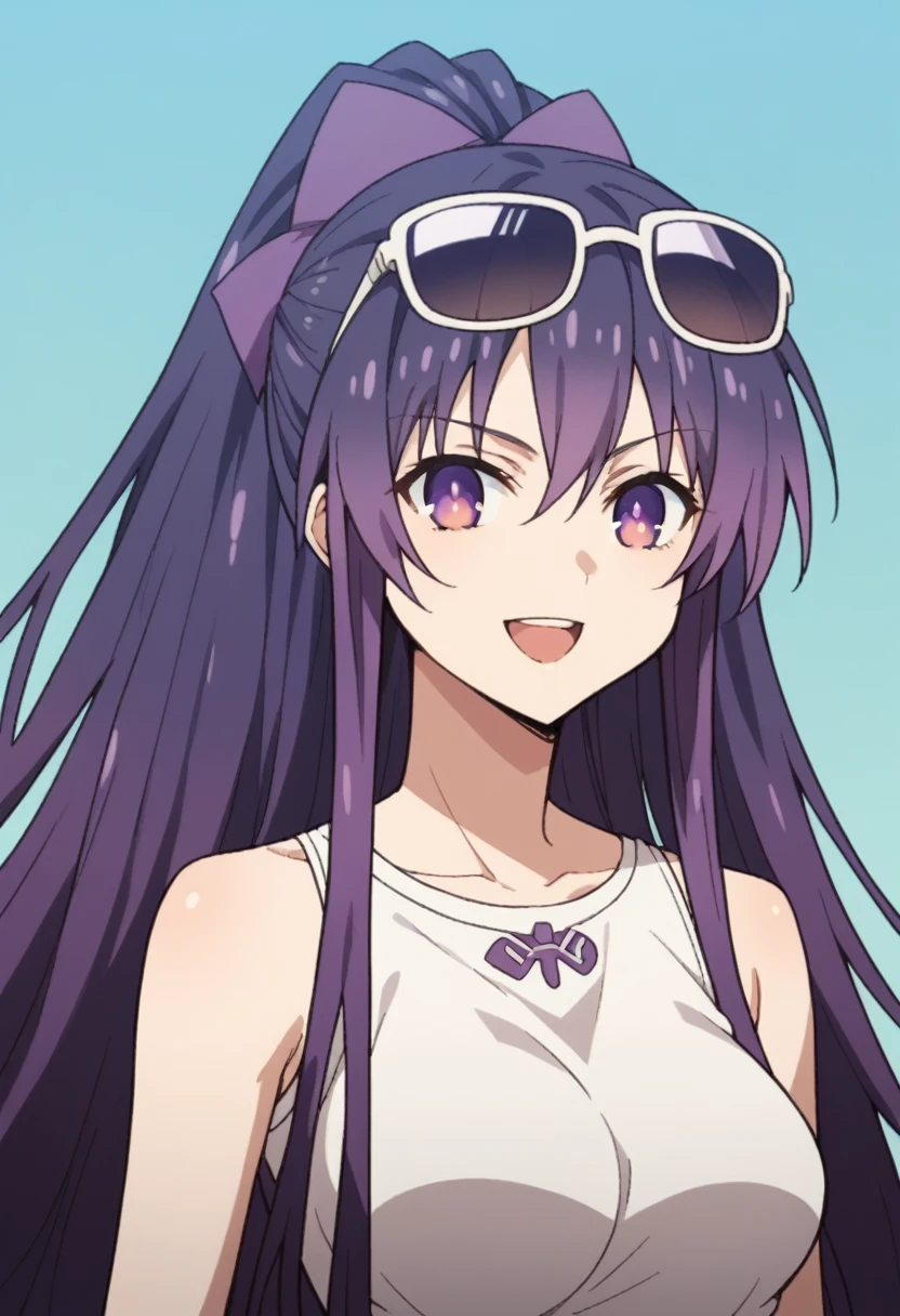 Score_9, Score_8_up, Score_7_up, anime_font, Tohka Yatogami, 1 girl, alone, long hair, purple hair, purple eyes, very long hair, ponytail, headband, perfect body, alone, big breast, looking at viewer, smile, mouth open, shirt, hat, clavicle, upper body, bare shoulders, sunglasses, purple hats, glasses on head, glasses on head