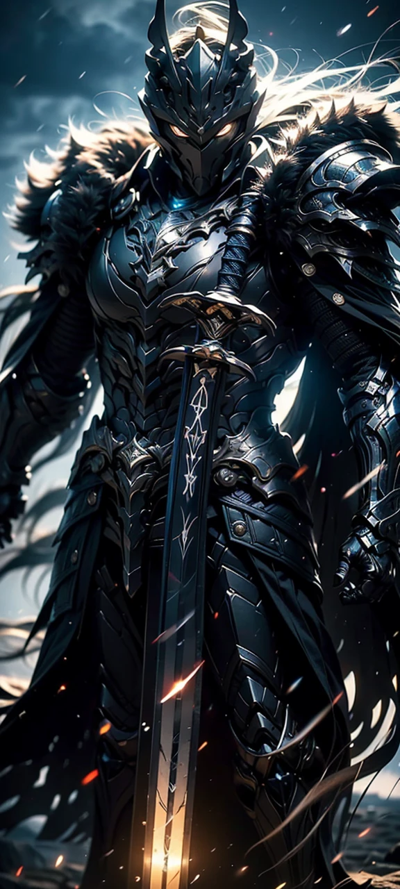 A fierce warrior in full white armor, wearing a large black circle symbol on his chest, wielding a big sword, dynamic battle-ready pose, highly detailed armor textures, sharp sword, dramatic stormy sky background, vivid colors, masterpiece, 8k, photorealistic, chiaroscuro lighting, strong contrast, cinematic composition