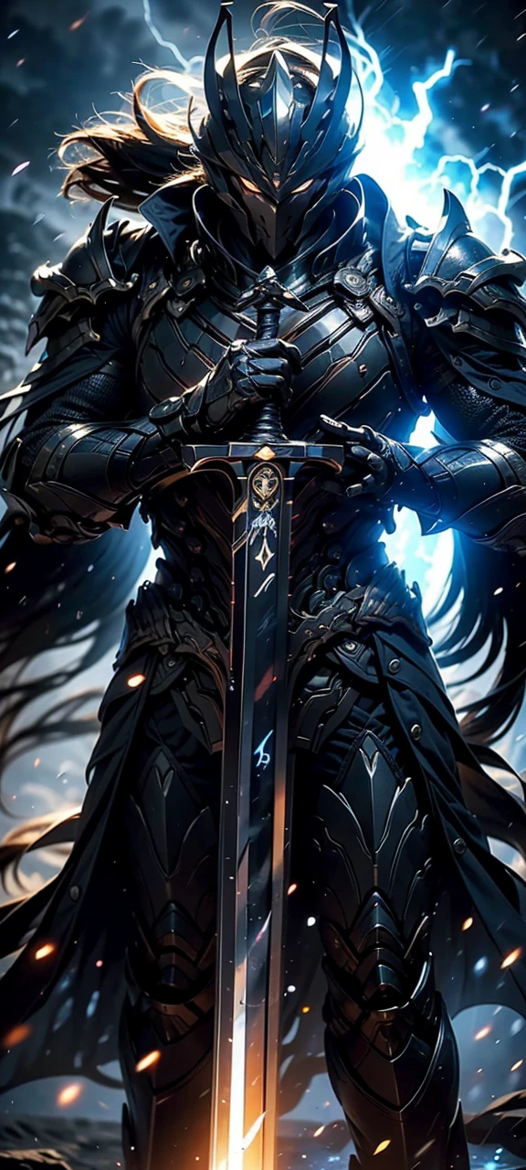 A fierce warrior in full white armor, wearing a large black circle symbol on his chest, wielding a big sword, dynamic battle-ready pose, highly detailed armor textures, sharp sword, dramatic stormy sky background, vivid colors, masterpiece, 8k, photorealistic, chiaroscuro lighting, strong contrast, cinematic composition