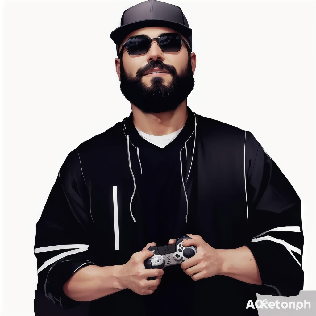 there is a man with a beard and a baseball cap holding a video game controller, # 1 pintura digital de todos os tempos, #1 pintura digital de todos os tempos, Arte digital 16k de alta qualidade, Drake no GTA V, in digital illustration style, 2D Illustration, obra-prima da arte, 2D Illustration, retrato nft, epic portrait illustration