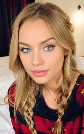 beautiful blonde dressed in pajamas in evening red and black blue eyes woman gorgeous braided hair