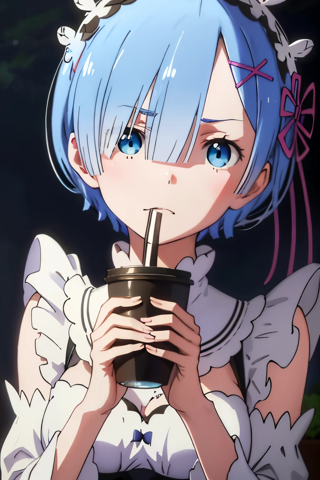 Rem de Re:Zero, Mid-intense Lighting, Ultra-detail, Detailed Facial Expressions, Detailed Eyes, High-resolution, High-quality Illustration, Extremely Delicate and Captivating, High-resolution Details, Full-body View, Legs Crossed, (Character Age: , Male), (Hair: Silver with Blunt Bangs, Ponytail), Red Eyes, Slightly Angry Expression, Blue Casual Clothing, Hands Holding a Coffee Cup, Starbucks Background, Close-up Portrait, POV Focus.

In a dimly lit coffee shop, the popular character Rem from Re: