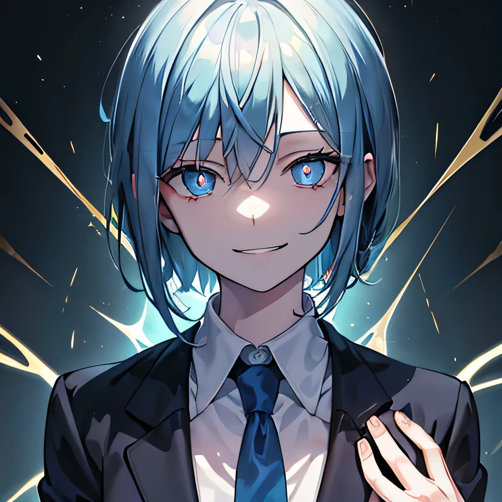 one,Short dark blue ear-length hair,Ice blue pupils,There is a glimmer of gold in the eyes,Dangerous creepy smile,Suits