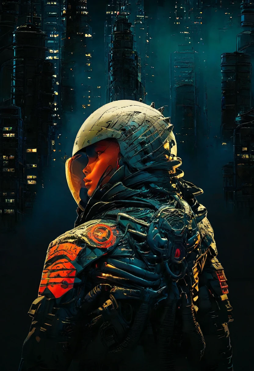 wide long shot, ((a man in a hooded futuristic suit with his back to the camera:1.5)), standing on a ledge, looking at a futuristic city at night, a dark cityscape with bright lights (best quality, 4k, 8k , high resolution, masterpiece: 1.2), ultra detailed (realistic, photorealistic, photorealistic: 1.37), cinematic lighting, dramatic shadows, moody atmosphere, intricate details, bright city lights, advanced technology, retro-futuristic architecture, dynamic pose, hood that casts shadows on the face, intense gaze