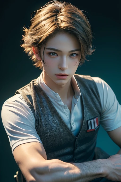 (masterpiece, high quality, lifelike, Ultra realistic, Remarkably high quality, photorealistic:1.5), Anime Boy Wearing a combat Vest minimalist logo design bright colors, high quality, extreme quality, super detailed