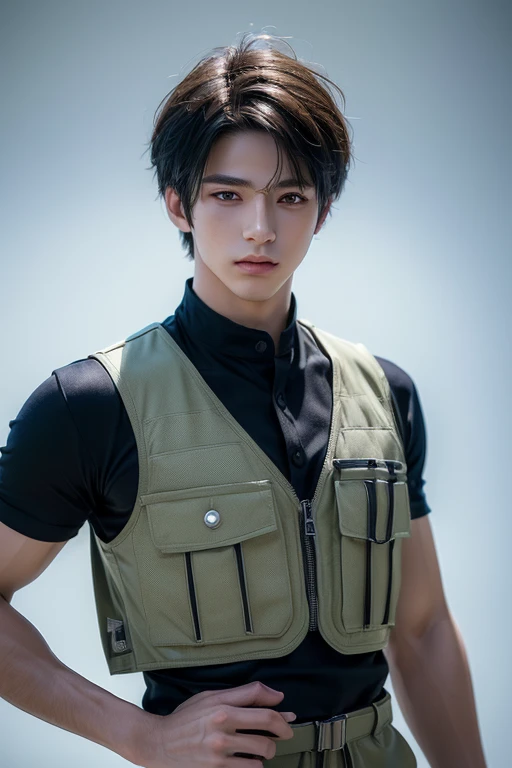 (masterpiece, high quality, lifelike, Ultra realistic, Remarkably high quality, photorealistic:1.5), Anime Boy Wearing a combat Vest minimalist logo design bright colors, high quality, extreme quality, super detailed