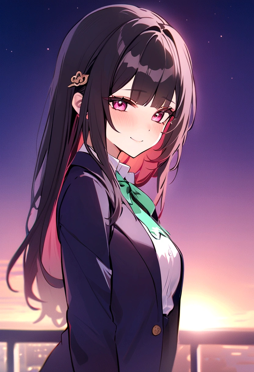 masterpiece, highest quality,blazer, arms_in_~ side, One Girl, Looking_in_audience,honkai_(series), Simple_background, shirt, head_ribbon, Open_Jacket, green_ribbon, Side Lock, With collar_shirt, smile, hair_ornament, hair_intake, honkai:_star_rail, ribbon, Jacket, black_Jacket, Closed_mouth, blush, Open_Clothes, School_uniform, 一人in, hairclip