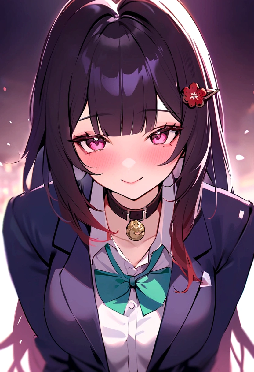 masterpiece, highest quality,blazer, arms_in_~ side, One Girl, Looking_in_audience,honkai_(series), Simple_background, shirt, head_ribbon, Open_Jacket, green_ribbon, Side Lock, With collar_shirt, smile, hair_ornament, hair_intake, honkai:_star_rail, ribbon, Jacket, black_Jacket, Closed_mouth, blush, Open_Clothes, School_uniform, 一人in, hairclip