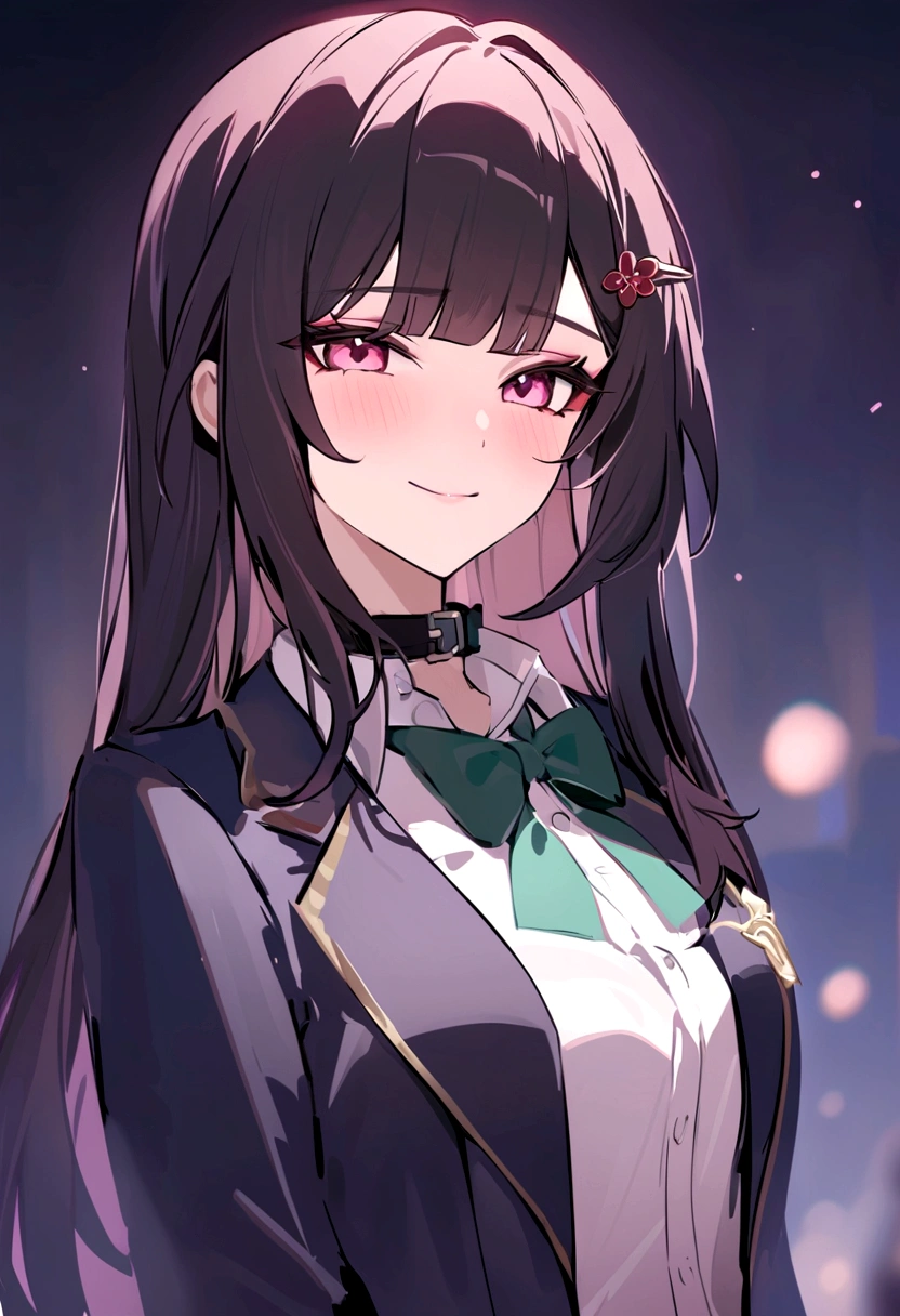 masterpiece, highest quality,blazer, arms_in_~ side, One Girl, Looking_in_audience,honkai_(series), Simple_background, shirt, head_ribbon, Open_Jacket, green_ribbon, Side Lock, With collar_shirt, smile, hair_ornament, hair_intake, honkai:_star_rail, ribbon, Jacket, black_Jacket, Closed_mouth, blush, Open_Clothes, School_uniform, 一人in, hairclip