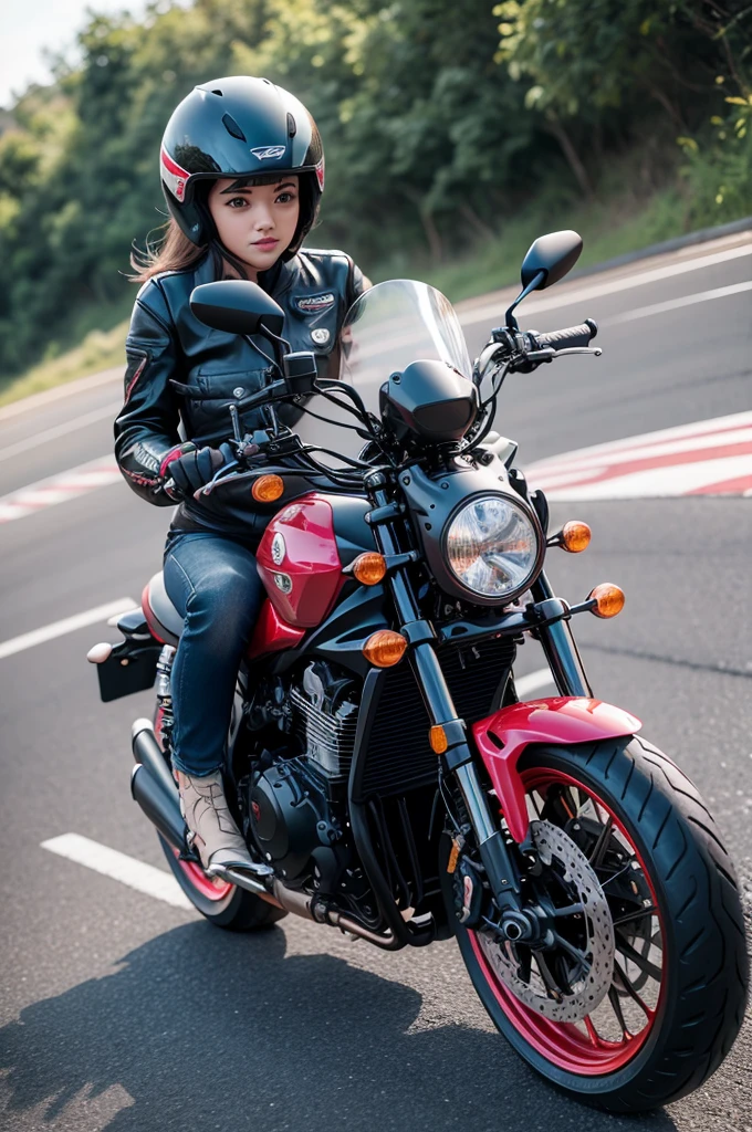Uma moto Honda CB 300 cilindrada de cor rosa com as rodas preta com uma mulher guiando sem capacete 