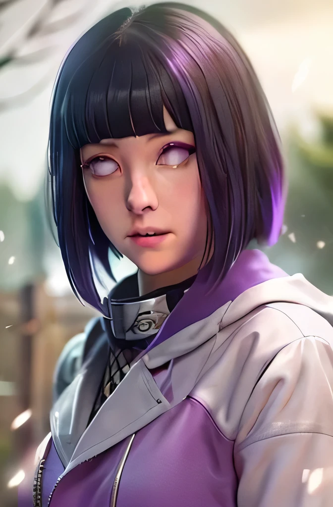 Hinata hyuga A woman was standing in the yard. He looked like he was wearing a gray suit. With a silver purple leather jacket. She had short blue hair with bangs in front. White as snow. And rosy cheeks. And a tiny pink lip. He looked into the camera. So pretty and realistic