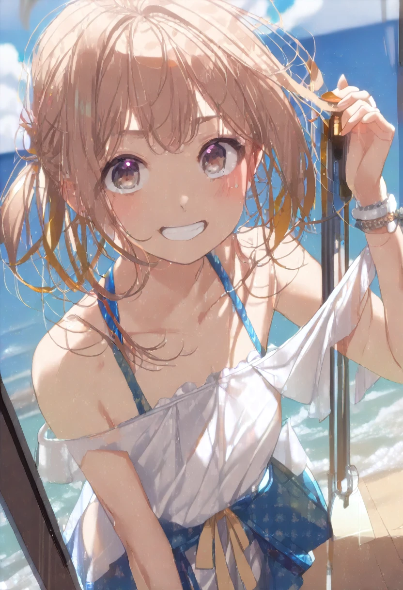 8k, highest quality, masterpiece, Wallpapers by Unity 8k, (One Girl) , 、 Perfect detail, (Best lighting) , (非常にComplexディテール)、 1girl, Silver Hair、cute、Very detailed, Complex、Flat Chest、 smile、Cowboy Shot、Swimsuit、bikini、Ocean、blue sky