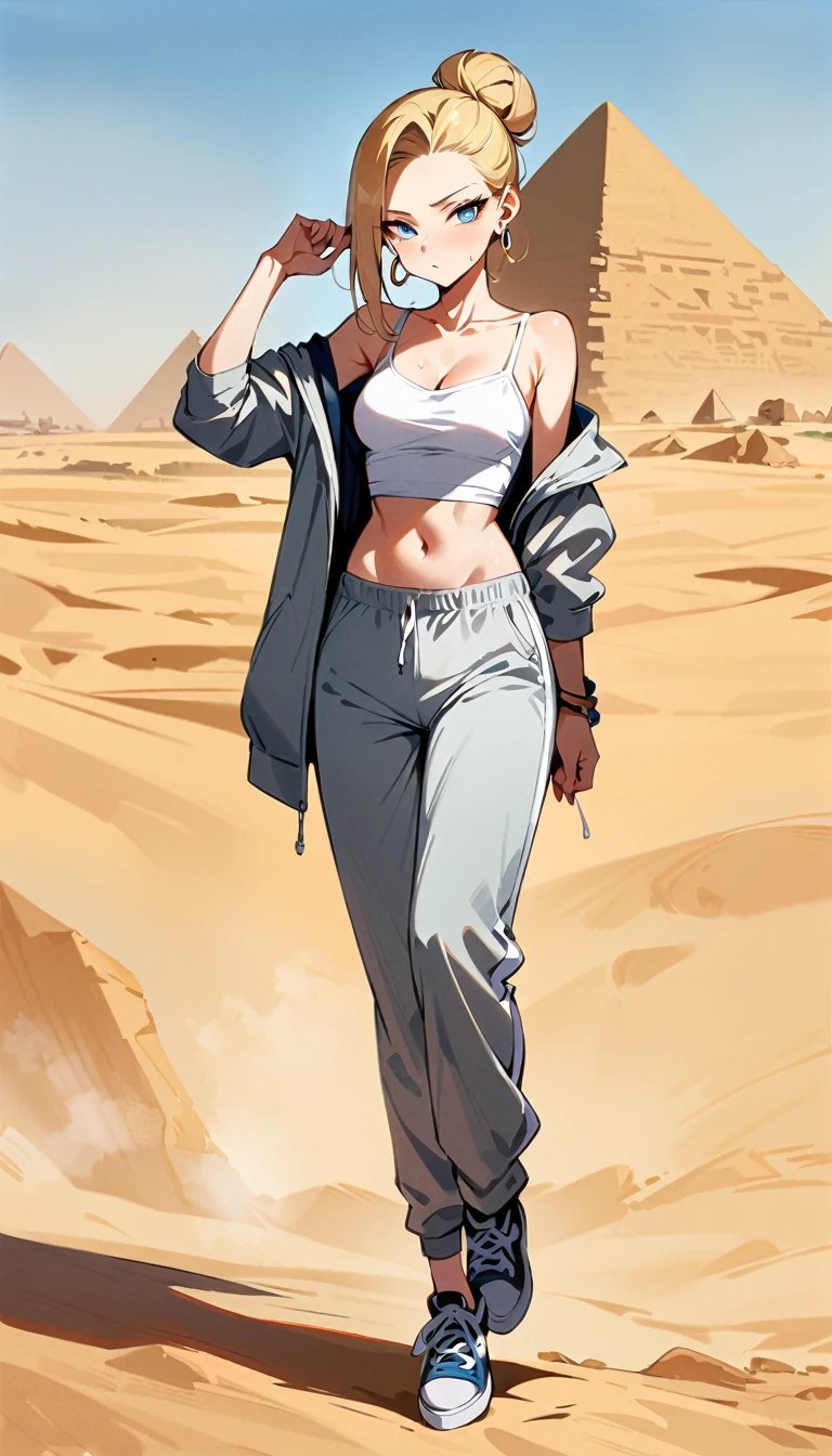 (masterpiece, best quality:1.2), full body, solo, Android 18 from Dragon Ball, (light gray top), ((white slip-on crop top)), ((long sweatpants)), ((light gray sweatpants)), (gray hooded jacket), thighs, midriff, small breasts, sweat, blonde hair, (single hair bun), ((blue eyes)), earrings on earlobes, slender feminine figure, narrow waistline, skinny body, long legs, Egypt, walking across desert, large pyramid, daytime, clear sunny sky, sweating, cleavage, off shoulder, magnificent view, blur background, 4K, Touching ear, light blush, breath