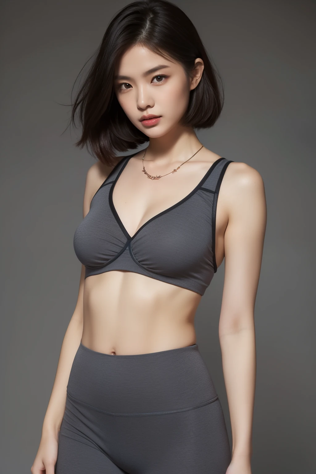 asian lady (She is brusing her hair with both hand, she wearing pink yoga suit), necklace, small breast, rounded shape breast, covered shirt((she)), ((mid-shot, full body, slender waist)), Hair Up Do、 Glowing eyes, nose blush, Carl Larsson, Alfonse Mucha, Chiaroscuro, Film Glenn, reflective light, (((long-Shot))), knee to top,show ((())), masterpiece, high details, ((gray background, studio light )) touch strap