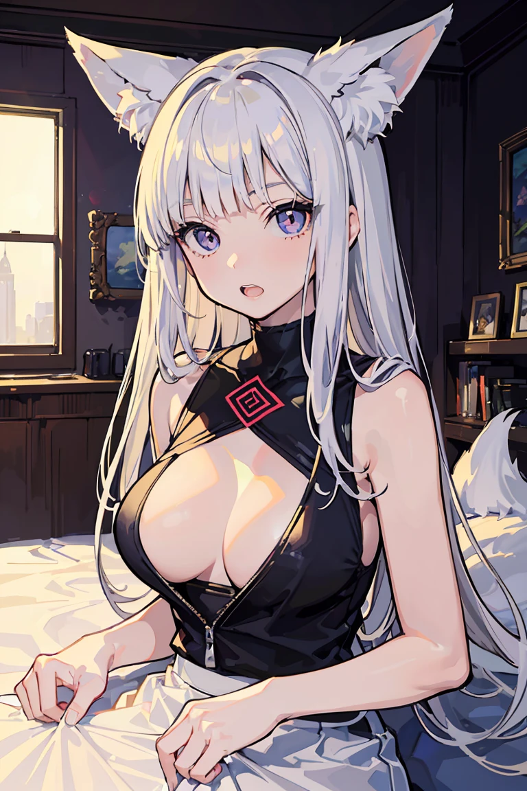 (1 girl), (Fox Girl), beast耳, (super high quality), masterpiece, Cowboy Shot,(Lie down on the bed), White and gold gradient hair, White skin, innovative, beast, Casual Scene, Relaxed atmosphere, (Wearing a jersey), Perfect body, (E Cup:1.2), Feeling overlaid, teeth, Dark Eyes,Fresh, (Asymmetrical bangs:1.3),length Hair, Highly detailed face and eyes, length, Narrow eyes,, Digital Art, beautiful, Cinema Lighting, by Yusuke Murata.tonality, Romanticism, modern art, Impressionism, reflected light, 8k, masterpiece, Advanced Details, highest quality, Only 5 fingers,Accurate anatomy