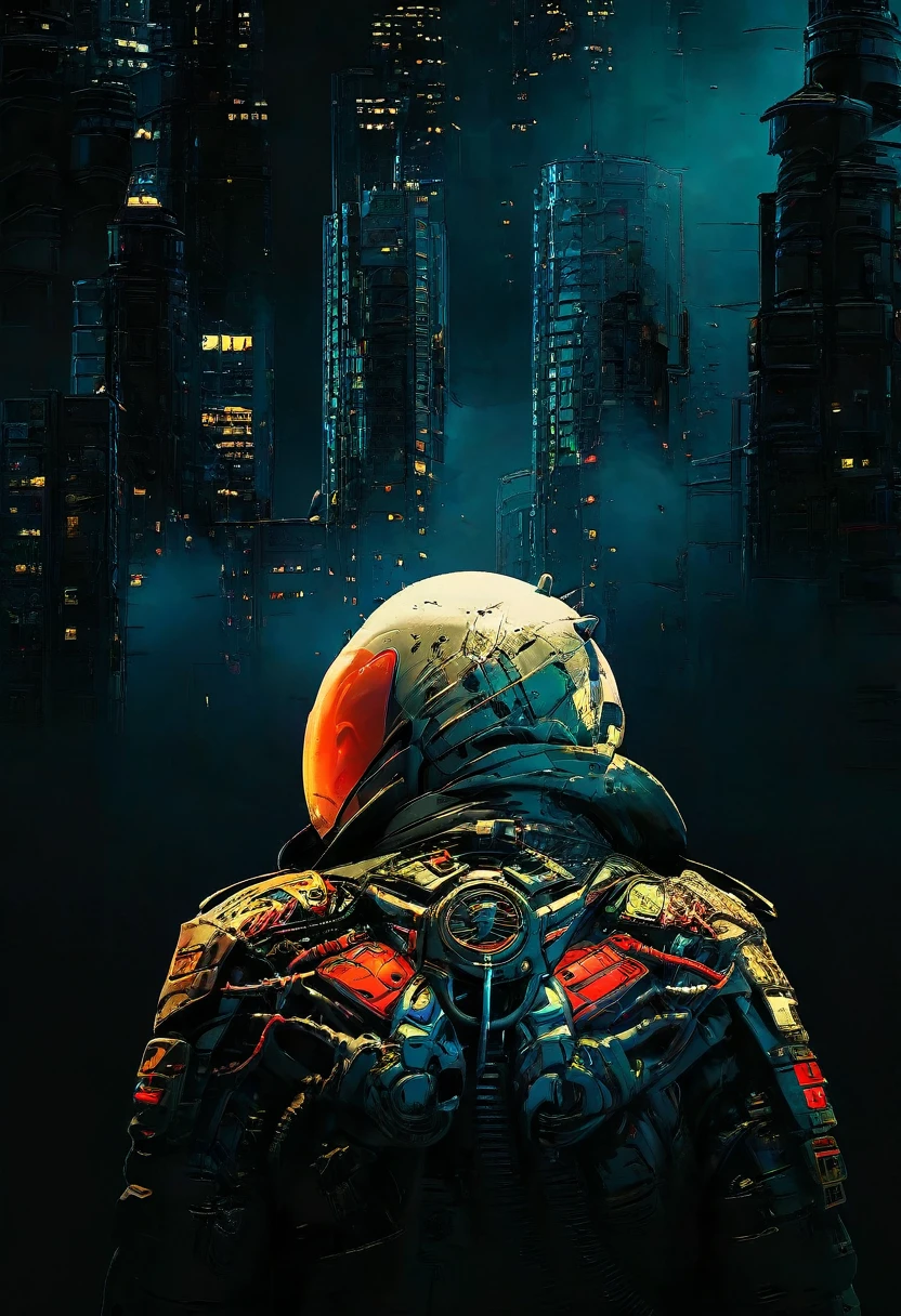 wide long shot, ((a man in a hooded futuristic suit with his back to the camera:1.5)), standing on a ledge, looking at a futuristic city at night, a dark cityscape with bright lights (best quality, 4k, 8k , high resolution, masterpiece: 1.2), ultra detailed (realistic, photorealistic, photorealistic: 1.37), cinematic lighting, dramatic shadows, moody atmosphere, intricate details, bright city lights, advanced technology, retro-futuristic architecture, dynamic pose, hood that casts shadows on the face, intense gaze