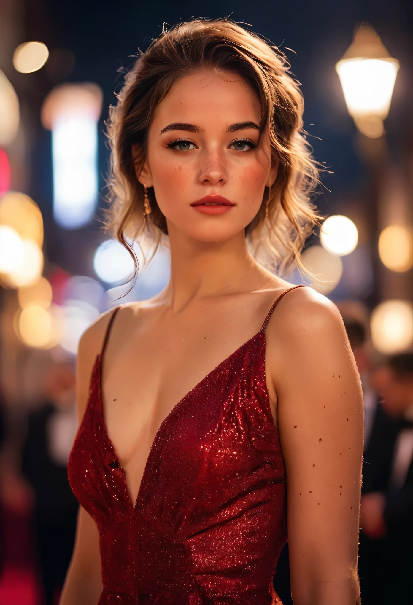 kmwld, (Sharp focus:1.2), photograph, Attractive Young Woman, (Beautiful Face:1.1), Fine grain, Seductive lips, (eye make up:1.2), Freckles on the body, (Medium chest:1.0), (Toned body:1.2), wearing (Slit dress:1.2) in (Red Carpet Events:1.2). (moody lighting:1.2), Depth of written boundary, Bokeh, 4K, High resolution. by (James C. Christensen:1.2|Jeremy Lipking:1.1).