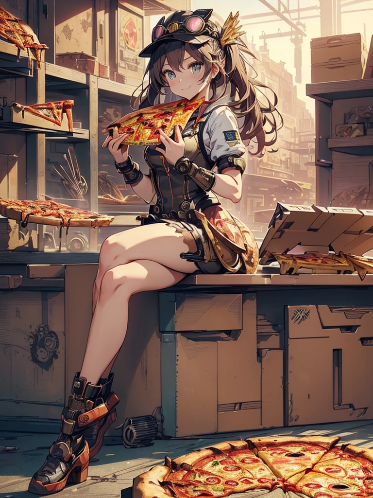 (Line art_anime),(full body, highest quality, ),(Laura Budd Photos:1.2),(Laura Add details:1.0),8k, Flat Color:0.8,1 girl,smile,(Highly decorative and complex mechanical steampunk fashion, Lace flare dolphin hat、goggles、(Sitting on a toolbox eating pizza:1.35)、machinery background、Gear background、An elaborately mechanized steampunk cityscape 1.5)