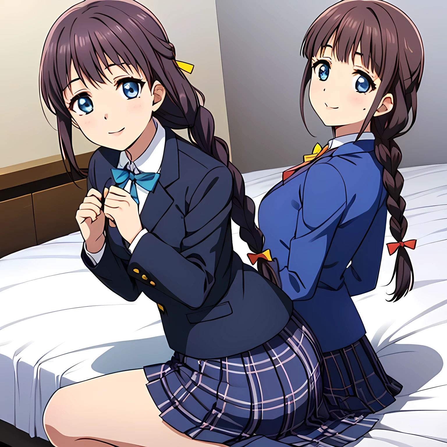 (highest quality, masterpiece:1.2), highest quality, High resolution, 1080p, 8K, Height: 158cm, High-definition anime-style CG, ((The game heroine is a very intelligent, very noble, pretty and elegant beautiful girl sitting on the bed.、Looking back and smiling gently)), He tries to hide his shocked mouth with his hands., A face that everyone loves, Glossy lips, Even bangs, Double, Long eyelashes on both the top and bottom, Wide-open blue eyes, detailed in detail, The very large red shiny wide ribbon bowtie is very cute., ((Black Hair)), ((long twin braids)), (((A long, neat, dark navy blue checked pleated skirt))), (((Dark blue winter long sleeve blazer))), How to wear a neat uniform, Extremely lustrous, shiny game heroine lips, Mouth open, Ribbon in hair, Tight waist, slender, The ribbon is big and very pretty., Beautiful hair like a hair model, Transparent Background