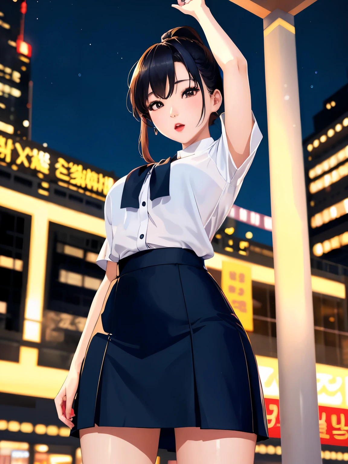Korean sexy girl, (38 years old), in the city square, night, skirt, ponytail, attractive expression, (from below view), (masterpiece, best quality, extremely detailed, hyper realistic)