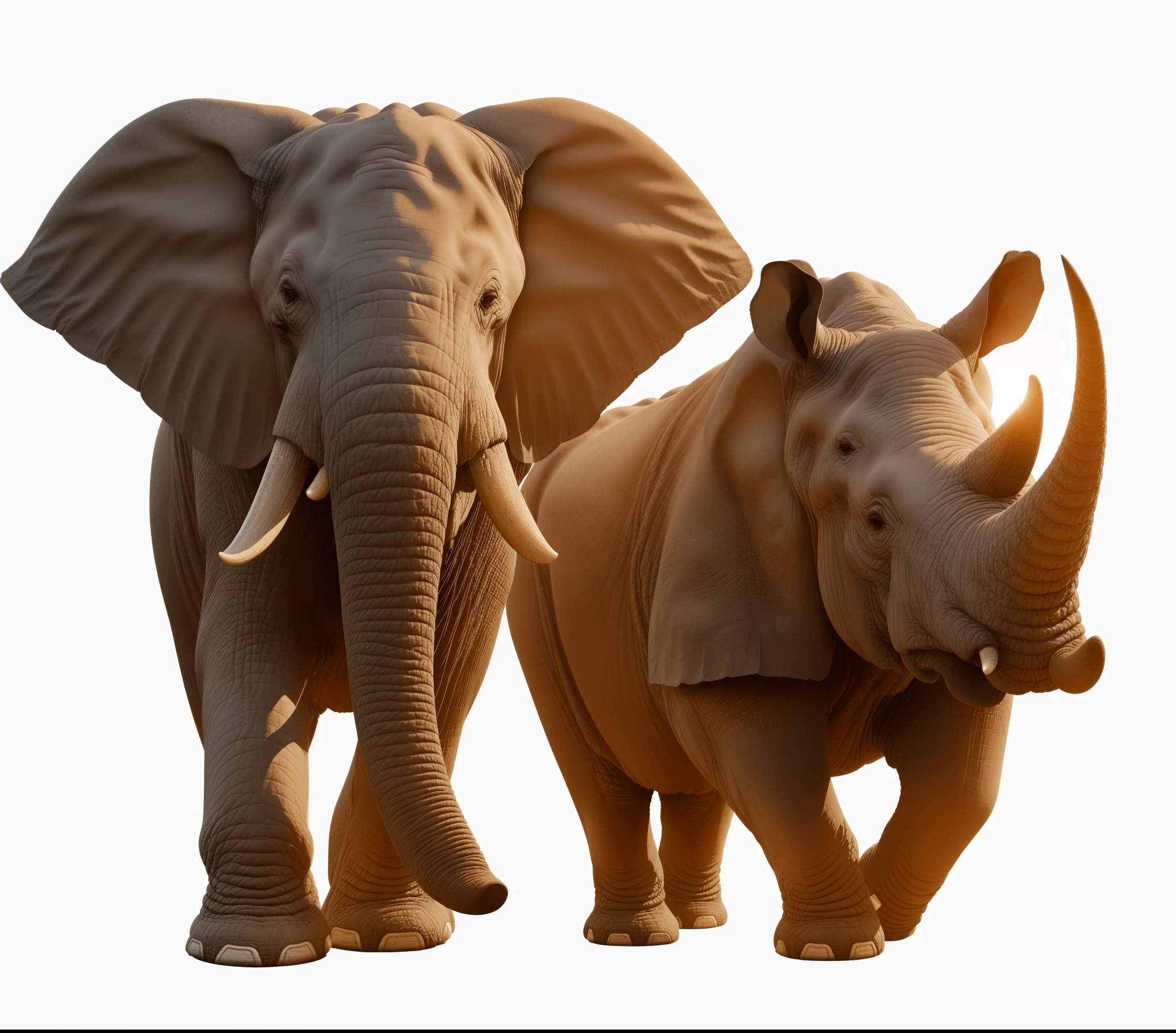 elephants are standing next to each other on a white background, rhino rendered, rhinoceros 3d, rino, african elephants in the jungle, tusks, elephants, rhino, extremely realistic, depicted as a 3 d render, very very realistic, highly rendered, by Harold von Schmidt, very very very realistic, incredibly realistic, by Tom Wänerstrand