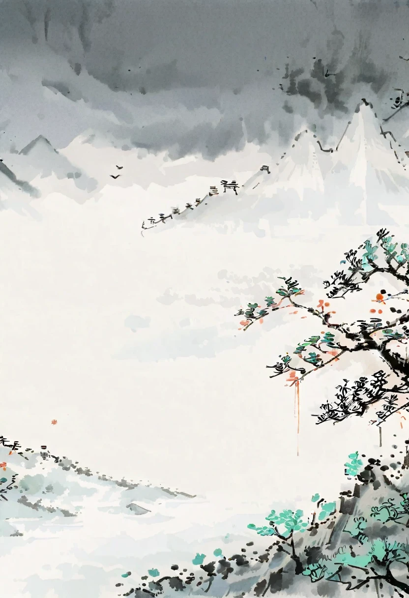 八大Mountain人风格,中国Ink Painting,Simple style,is capitalized,极其simple图片,People in the distance,Mountain,(大量留white:1.5),white, white色背景, simple, Minimalism, abstract,Freehand,Aesthetic,黑与white,Ink Painting,antiquity,