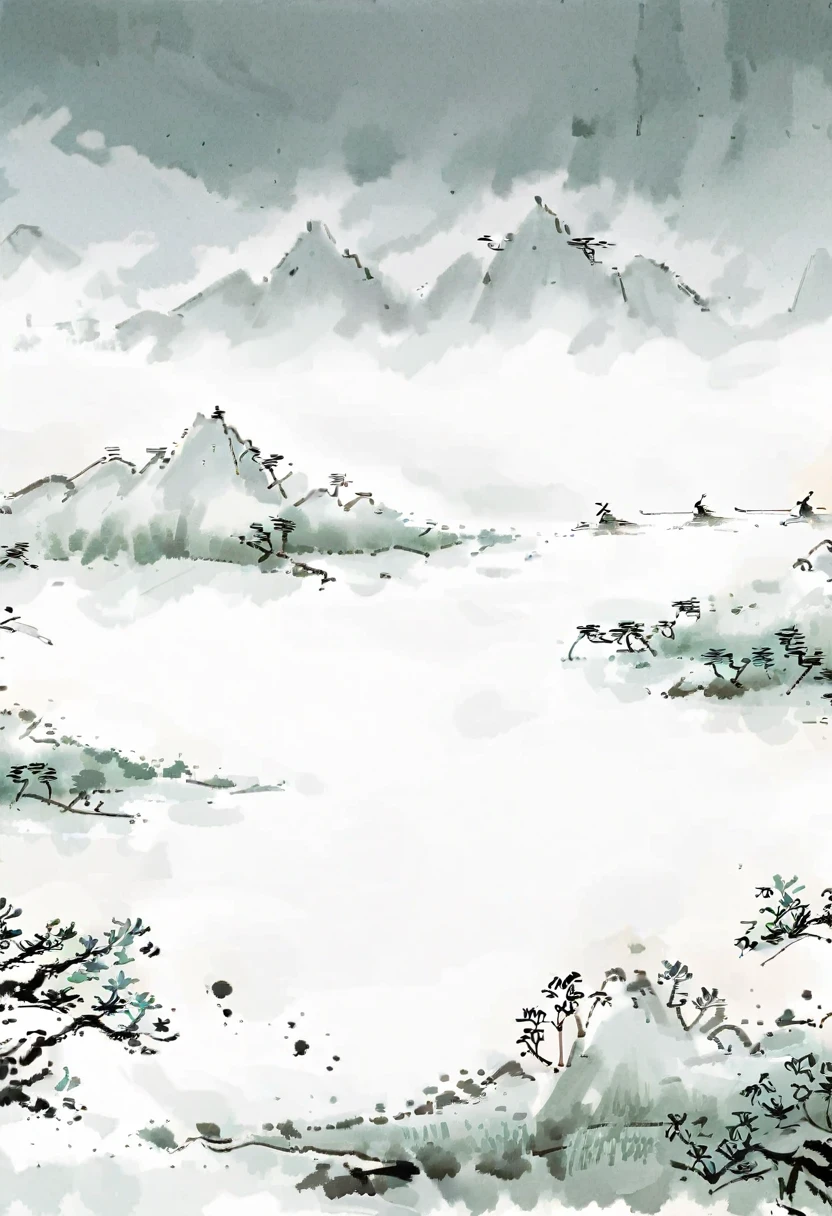 八大Mountain人风格,中国Ink Painting，Simple style，is capitalized，极其simple图片，People in the distance，Mountain，(大量留white:1.5)，white, white色背景, simple, Minimalism, abstract,Freehand，Aesthetic，黑与white，Ink Painting，antiquity，