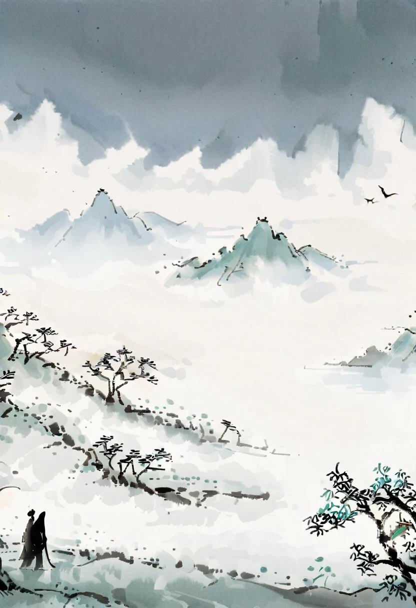 八大Mountain人风格,中国Ink Painting，Simple style，is capitalized，极其simple图片，People in the distance，Mountain，(大量留white:1.5)，white, white色背景, simple, Minimalism, abstract,Freehand，Aesthetic，黑与white，Ink Painting，antiquity，