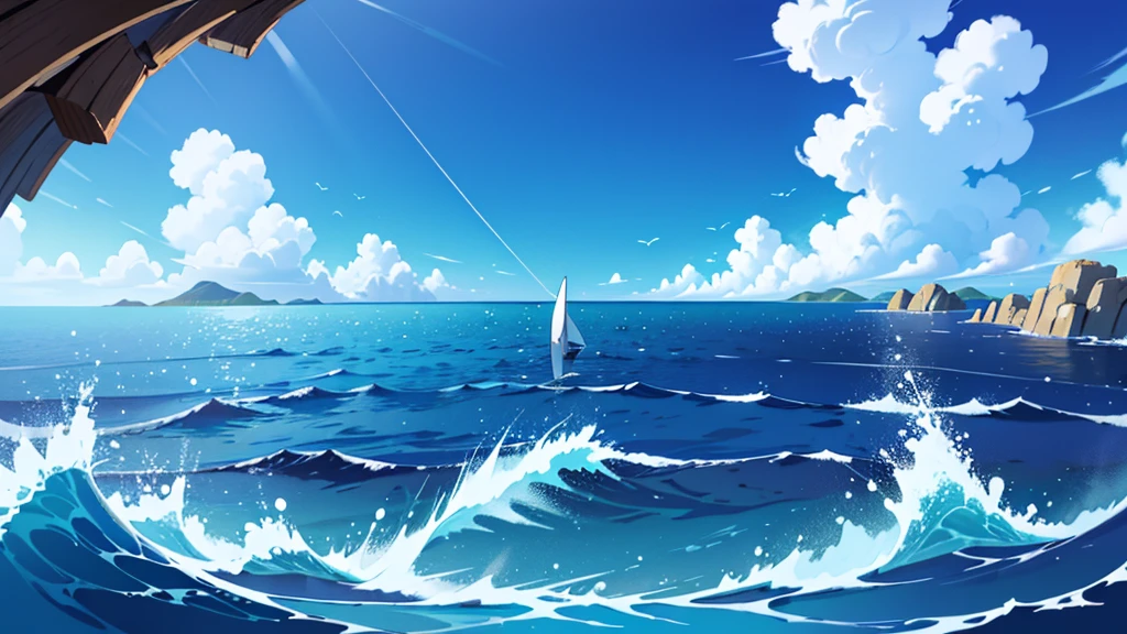 4k ultra HD, open ocean, middle of the ocean, only the sea for as far as you can see, the beautiful blue sky on the horizon