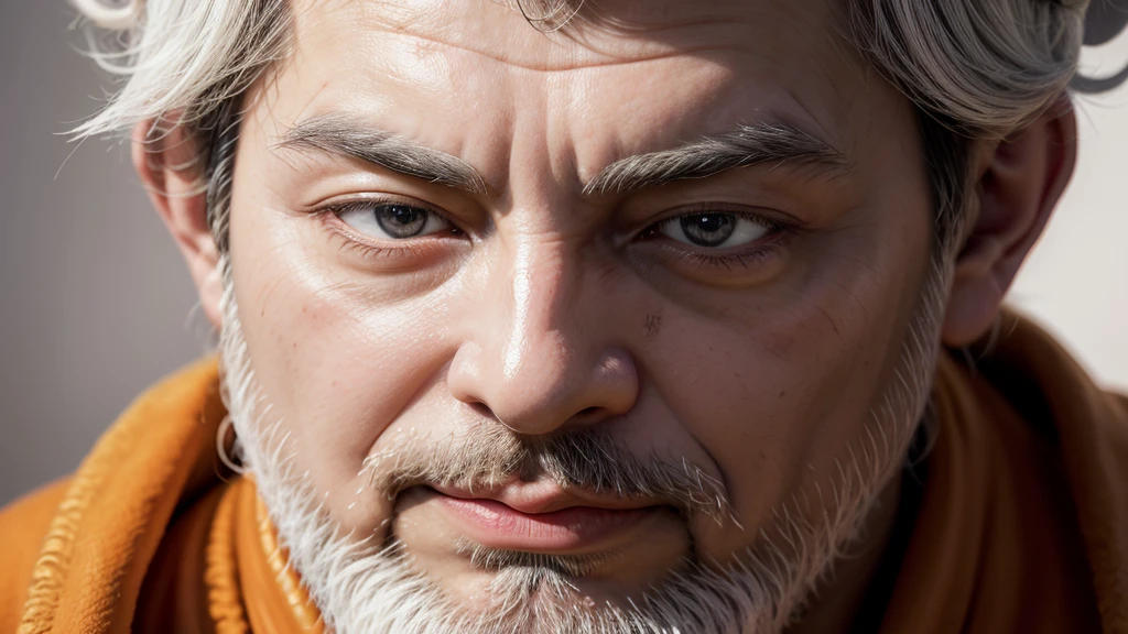 Create an ancient wise Buddha with white beard, human realistic quality, wearing an orange robe, portrait photography, high resolution, high detail, cinematic light, hyper-realistic, in the style of portraitists. black background.