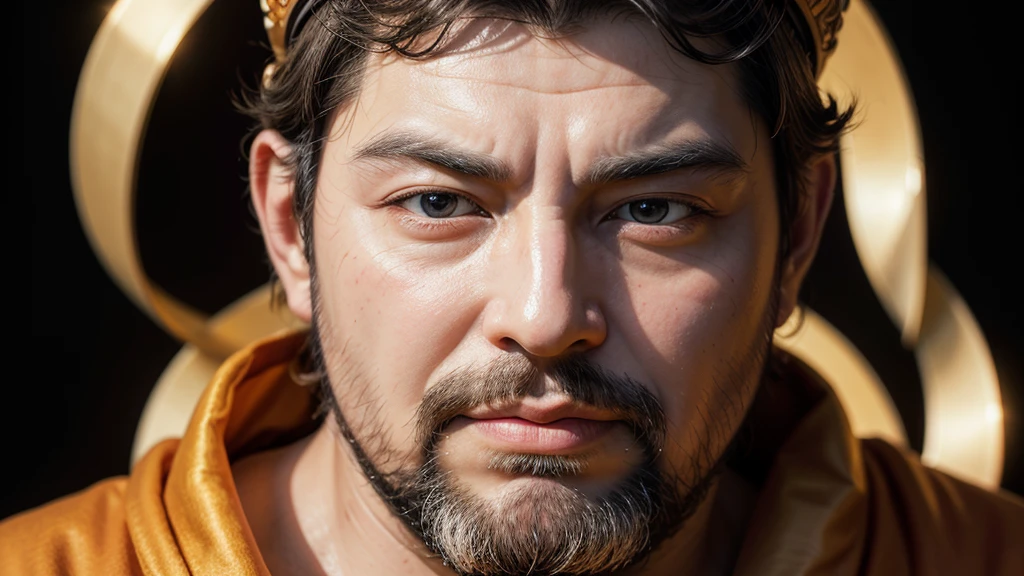 Create an ancient wise Buddha with white beard, human realistic quality, wearing an orange robe, portrait photography, high resolution, high detail, cinematic light, hyper-realistic, in the style of portraitists. black background.