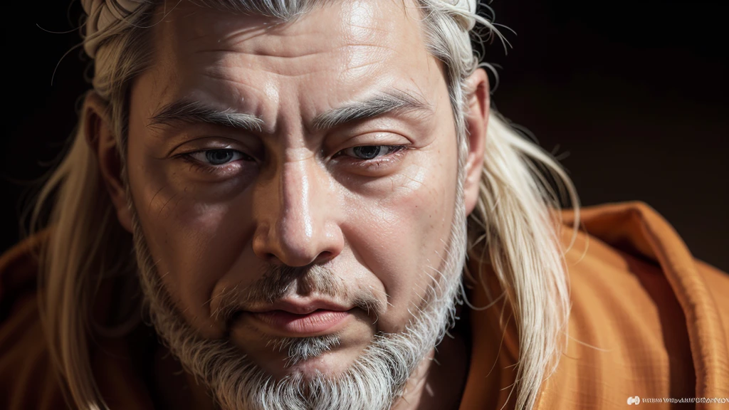Create an ancient wise Buddha with white beard, human realistic quality, wearing an orange robe, portrait photography, high resolution, high detail, cinematic light, hyper-realistic, in the style of portraitists. black background.