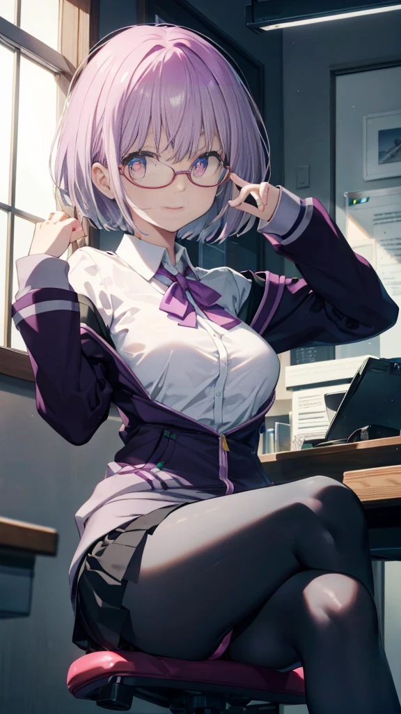 akaneshinjou, shinjou akane, Light purple hair, (Pink Eyes:1.2), short hair,OL,Red glasses, smile,Open your mouth,end, Black suit jacket, Collared jacket, White dress shirt, Collared shirt, Neckline, button, strap, ID card on the neck, Black pencil skirt, Black Pantyhose, Stiletto heels,sit cross-legged at a desk,Sexy pose,
break indoors, office,
break looking at viewer, break (masterpiece:1.2), highest quality, High resolution, unity 8k wallpaper, (shape:0.8), (Fine and beautiful eyes:1.6), Highly detailed face, Perfect lighting, Highly detailed CG, (Perfect hands, Perfect Anatomy),