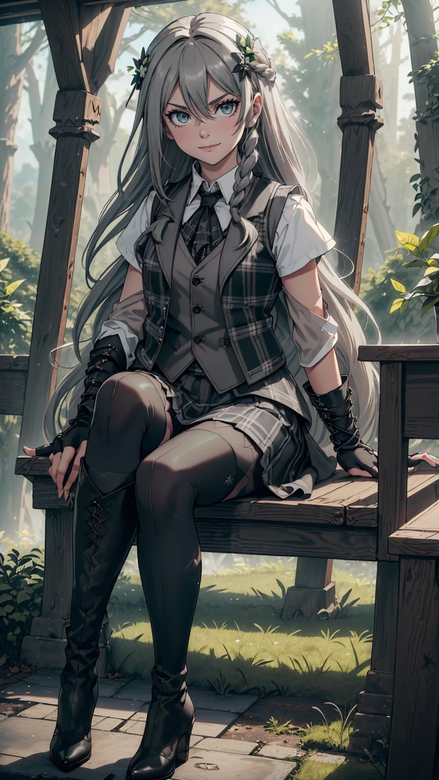 最high quality、Ultra High Definition, Ultra High Quality, Hyper Definition, Hyper Quality, Hyper Detailed, Extremely Detailed, Perfectly Detailed, Best image quality、masterpiece、woman((20-year-old、Full Body, Green glowing eyes, Silver long Hair with a small braids、Disheveled Hair、Long White Hair、Thin,Fingerless Glove、Black Luxury Vest, Grey Plaid Skirt, Black Tights, Dark Boots On Heels, Sitting, Smirk、Flirt, Hair White Flower Barrette, Dressed in school)),high quality、Beautiful art、background((IForest Panoramic Background))、Written boundary depth、movie、Visual Arts、Perfect art、8K,Genuine、
