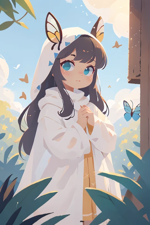 Uma garota meio mariposa, de cabelos brancos longos, duas grandes asas nas costas, a dense white coat on the neck(como de uma mariposa) doia grandes olhos pretos sem pupila e duas antenas na testa. Sentada sozinha em um banco