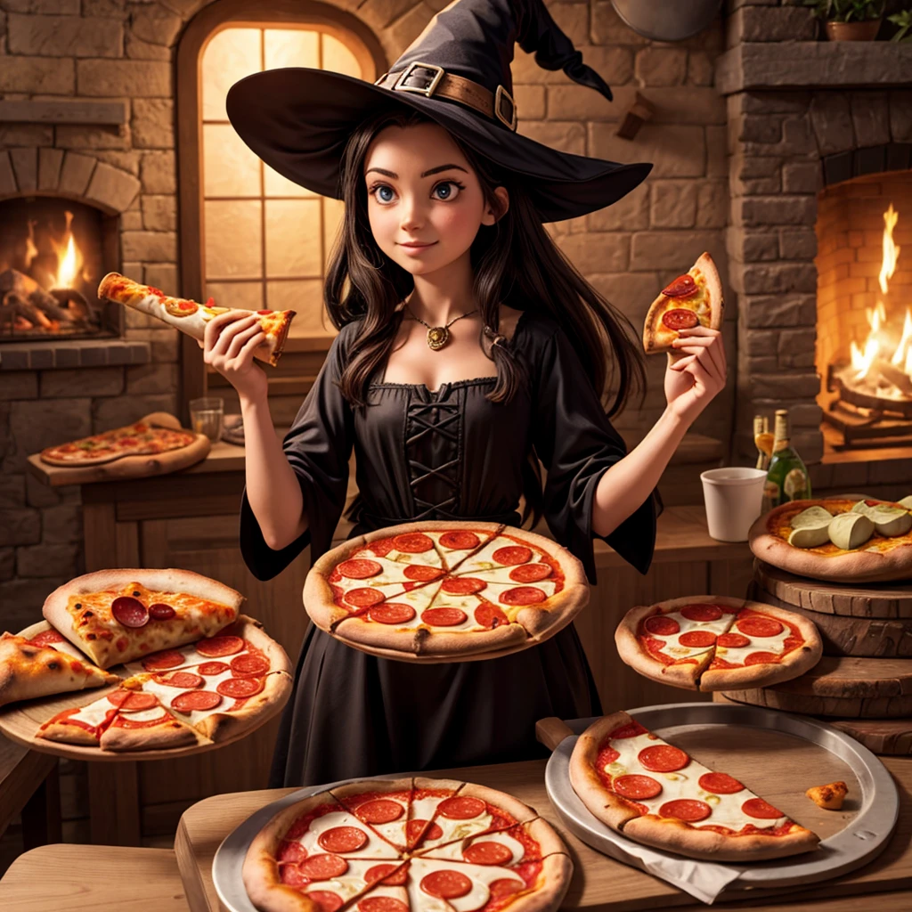 witch with pizza in both hands
