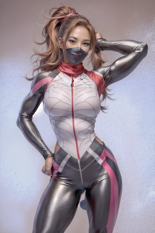 In front of the ski slopes、Female Fitness Model、skier、Big breasts about to burst、thin and long legs、abdominalusculature、Metallic pink shiny down jacket、Half Japan and half American.、25-years old、Height 175cm、sportuniversal、Cheerful smile、red brown hair、Pony tail、glistning skin、Pose ready to fight、full-body view