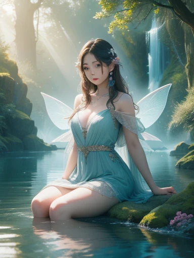 (best quality, 4k, 8k, highres, masterpiece:1.2), ultra-d etailed,(realistic, photorealistic,photo-realistic:1 .37), portrait of fairies,enjoying water play in a beautiful r iver in the forest,fairy with detailed face and hands, enchanted woodland scene, sparkling water, sunlig ht streaming through the trees, vibrant colors, ether eal atmosphere, delicate wings, flowing dresses, mi schievous expressions, shimmering reflections on t he water surface