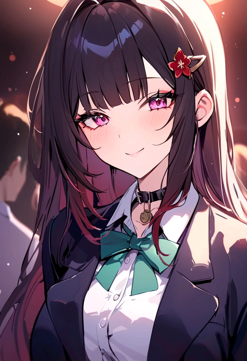 masterpiece, highest quality,blazer, arms_in_~ side, One Girl, Looking_in_audience,honkai_(series), Simple_background, shirt, head_ribbon, Open_Jacket, green_ribbon, Side Lock, With collar_shirt, smile, hair_ornament, hair_intake, honkai:_star_rail, ribbon, Jacket, black_Jacket, Closed_mouth,Open_Clothes, School_uniform, 一人in, hairclip