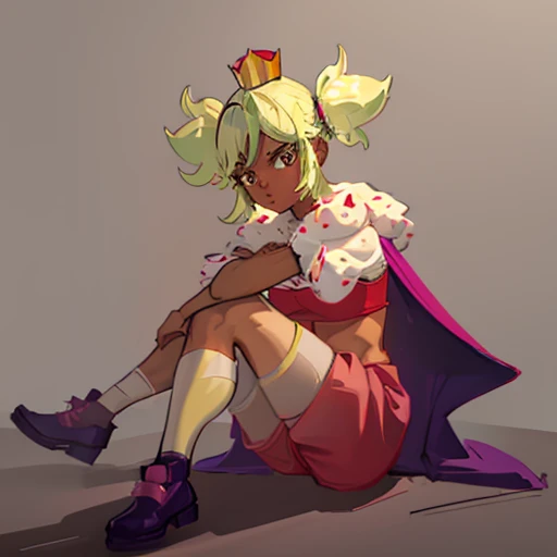 mandyBS, solo, 1girl, dark skin, dark-skinned female, green hair, blonde hair, short hair, short twintails, mini crown, cape, ,Red bra , high-waist shorts, red shorts, striped thigh highs, shoes, purple footwear,sexy