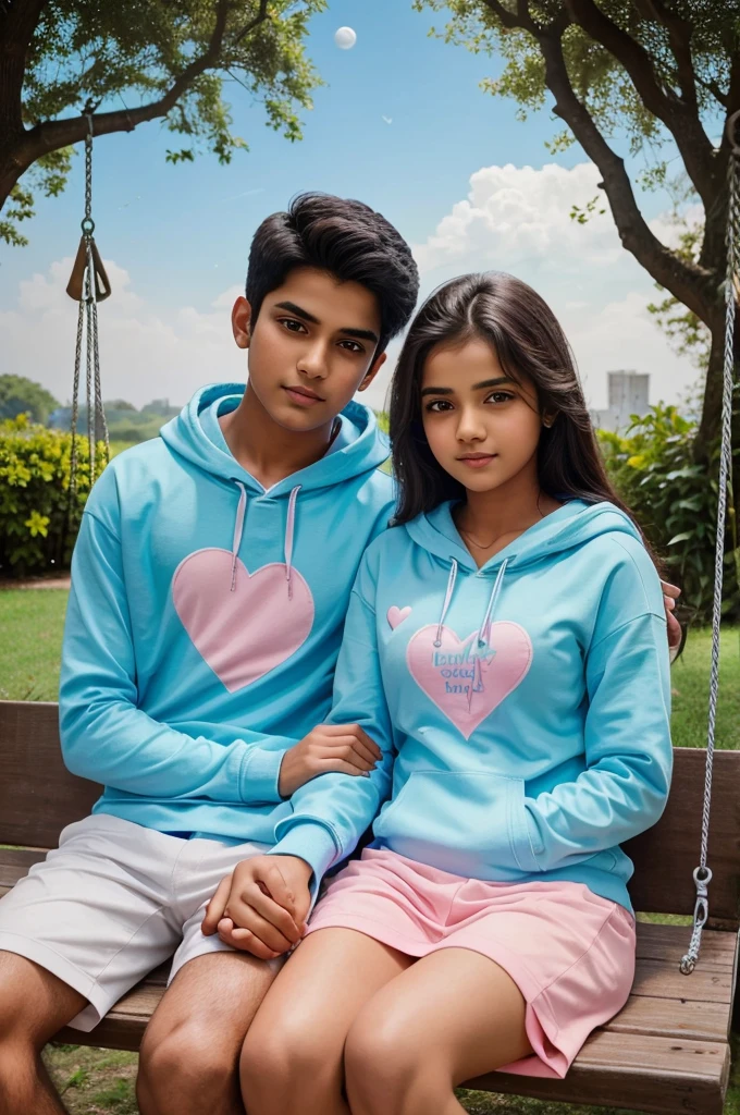 there are 15 Year old couple sitting of front on a swing in the beautiful greenery view, wearing a sky blue and pink hoodie,boy with name MAHESH, write on it,girl with name RIYA, write on it ,lovely couple, sitting on a moon, heart emoji,holding hands in the moonlight realistic art painting detail photo