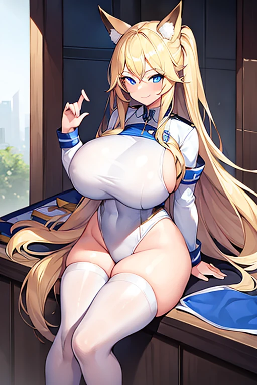 1girl, blonde hair, long hair, huge breasts, thick thighs, wide hips, blue eyes, smile, smirk, smug, leotard, white leotard, police uniform, white clothes, bare legs, policewoman, police hat, fox ears, fox tail, mature female, toned, hourglass figure