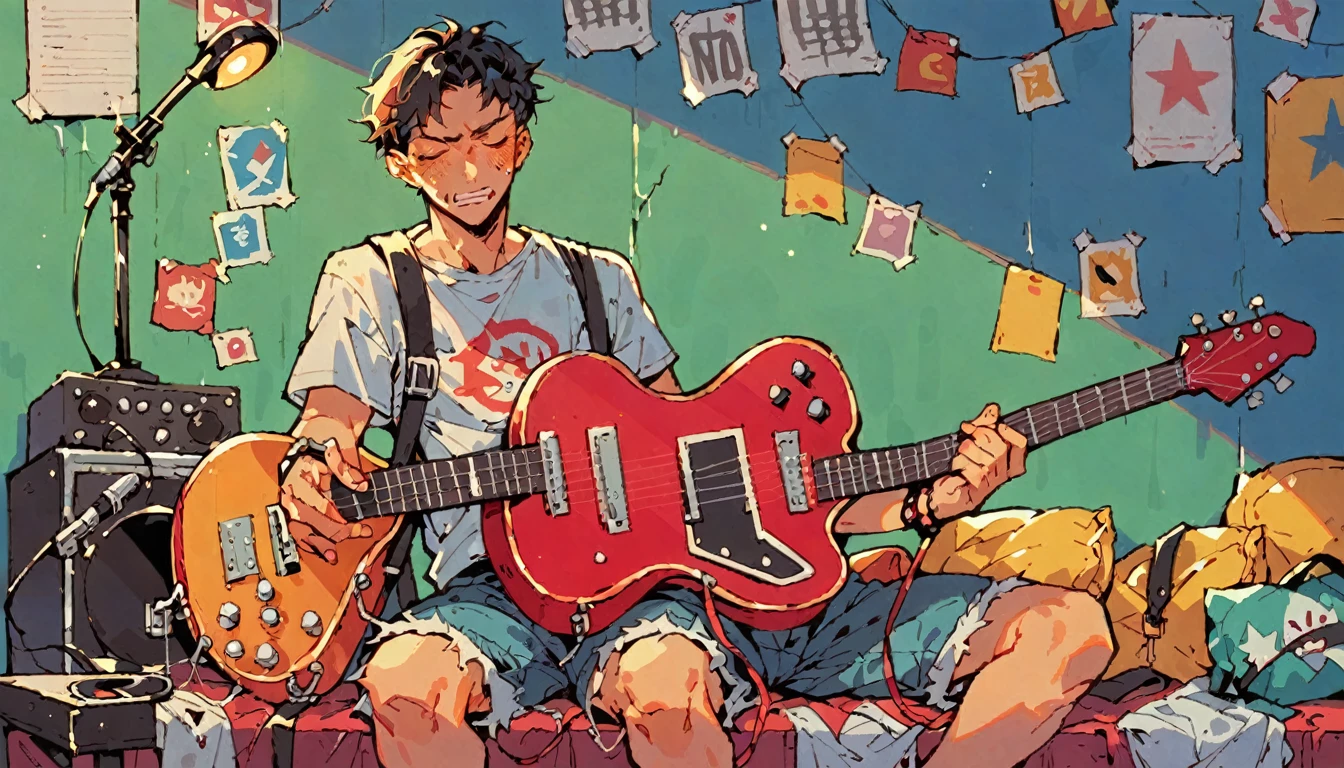 a plays the guitar, suddenly the surrounding environment changes to become more cheerful and colorful