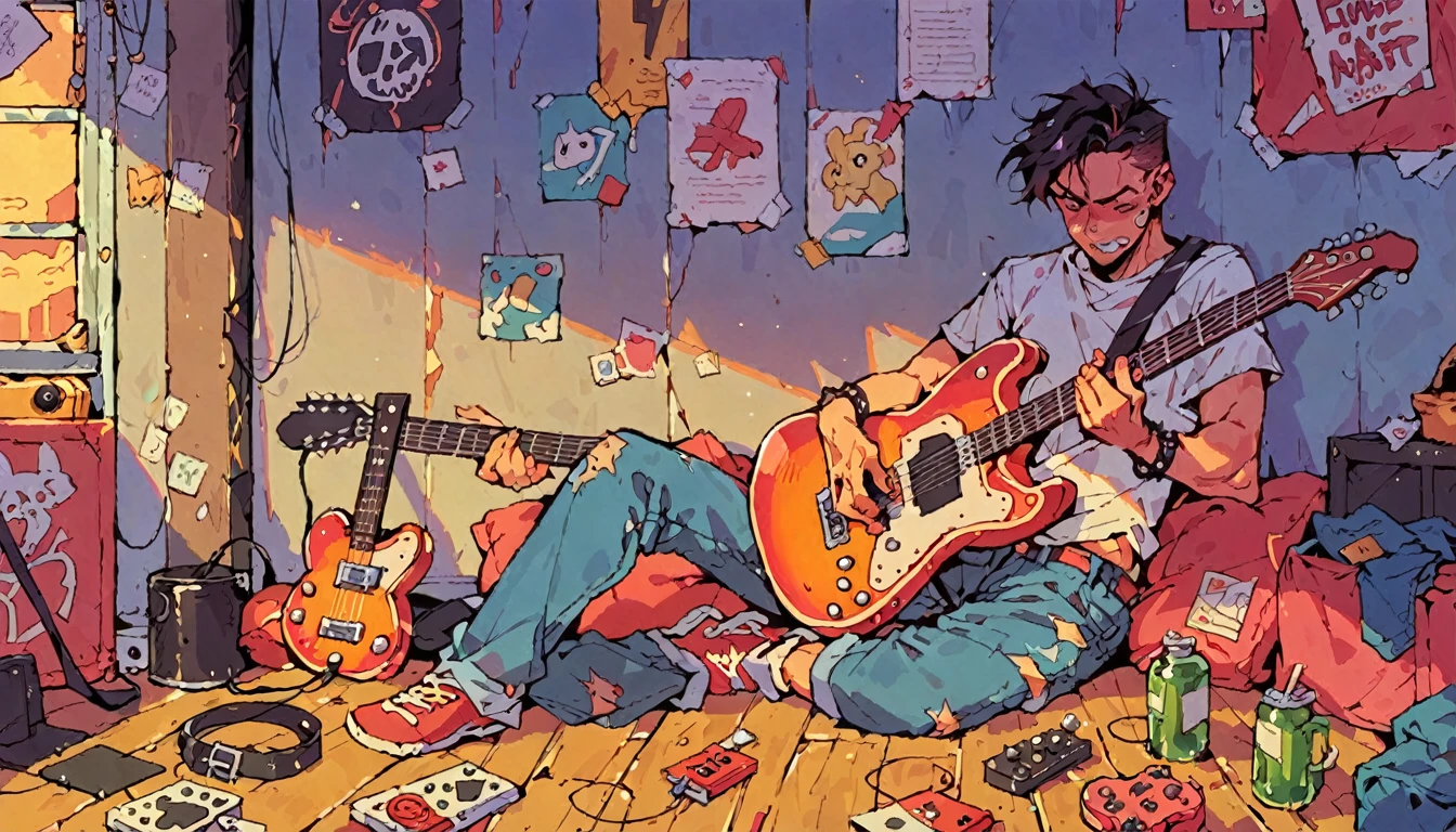 a plays the guitar, suddenly the surrounding environment changes to become more cheerful and colorful