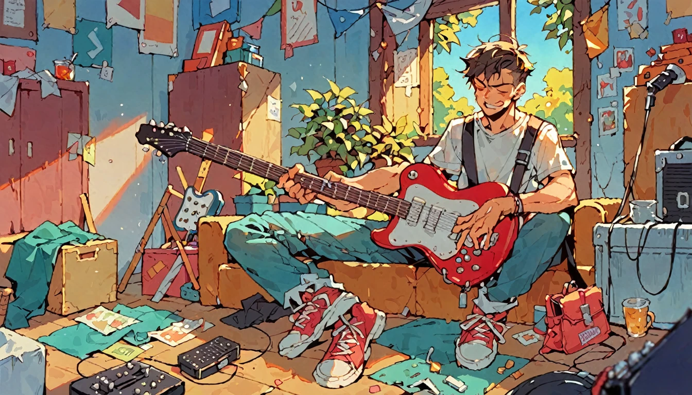 a plays the guitar, suddenly the surrounding environment changes to become more cheerful and colorful
