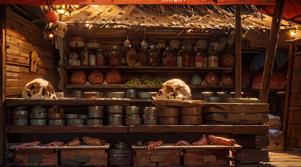 canibal market, market tents, they sell human skulls, human hand and feet, human flesh, meats, (super big jars filled with eyeballs and bloody human internal organs), on a wooden table, only one lamp, early morning, dawn time, thatched roof,