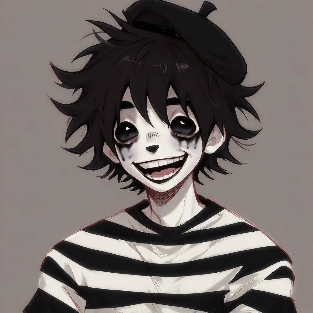 boy mime, shirt grunge, sketchy lines, messy hair, black hair, wearing a beret, black pupils, score_8_up, score_9_up,happy, silly look on his face, has mime makeup on, wearing a mime outfit