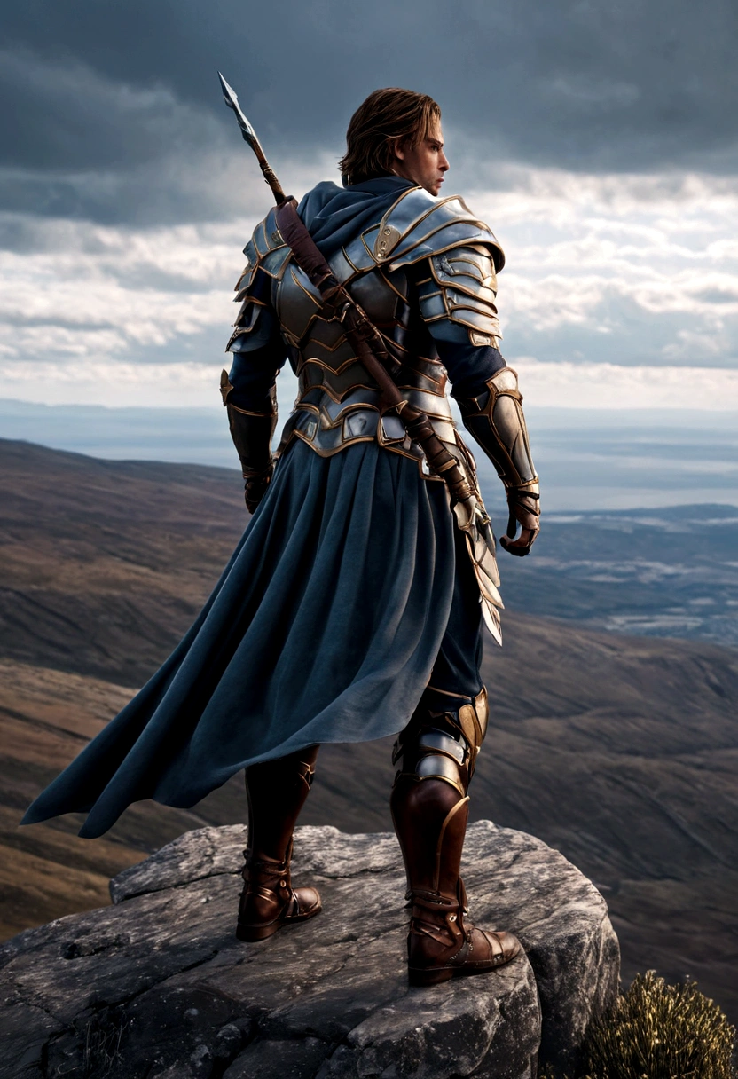 ((back view)), a warrior standing on a cliff overlooking a vast landscape, detailed armor and weapons, windblown cape, muscular build, rugged terrain, cloudy sky, cinematic lighting, epic scale, fantasy art, highly detailed, 8k, photorealistic